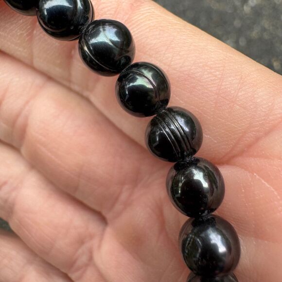 Vintage Honora Black Freshwater Pearl Stretch Bracelet, Round Ringed Iridescent - Picture 9 of 10